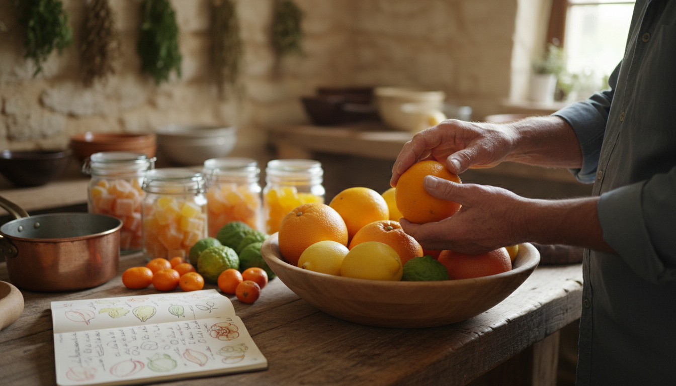 artisan vérifiant patiemment les agrumes mûrs en Provence