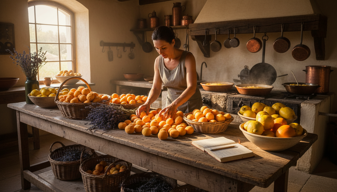 atelier artisanal avec abricots et éléments du terroir provençal