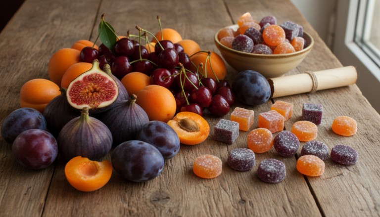 Fruits de Provence frais et confiseries artisanales sur table en bois