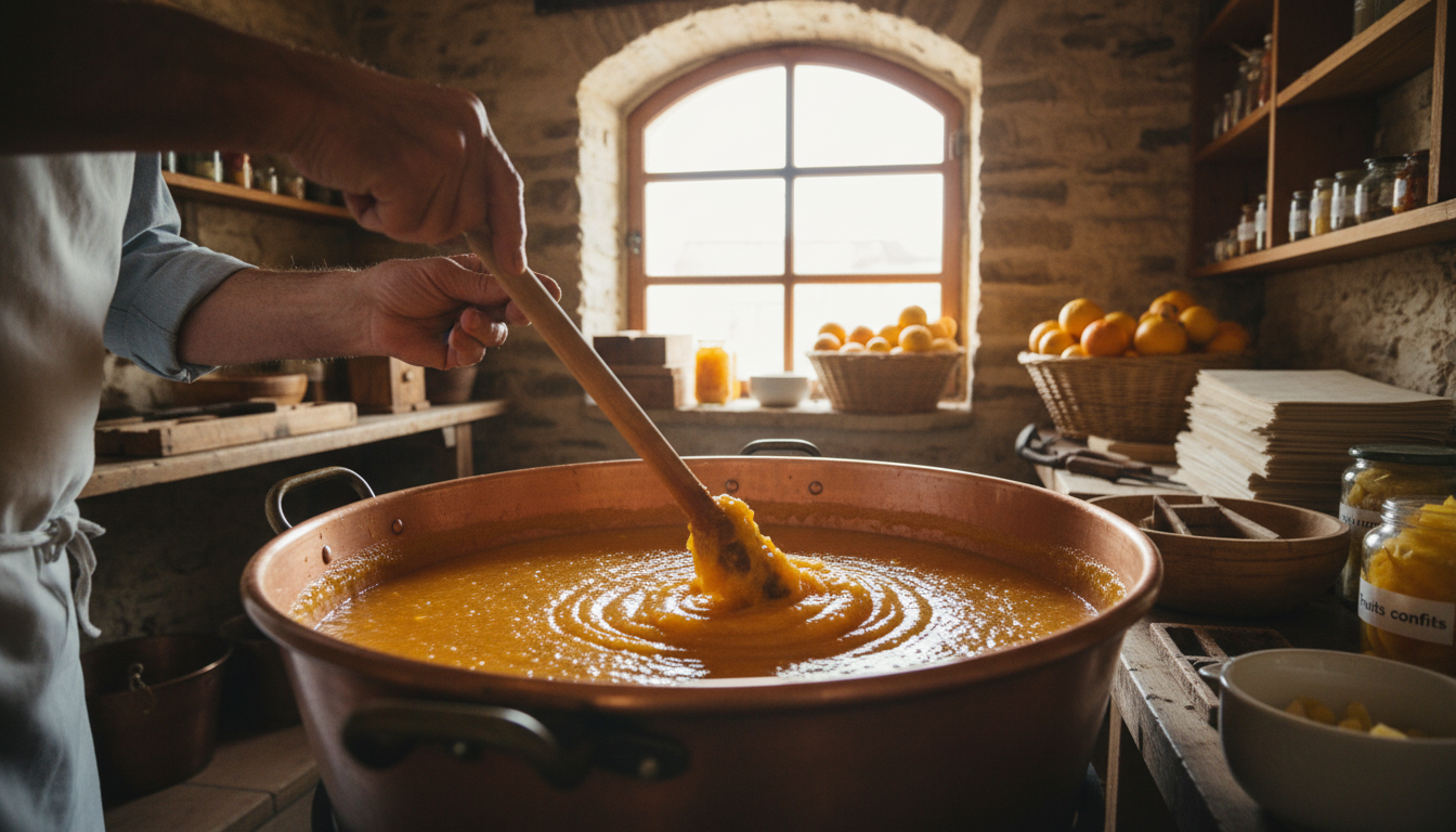 Mains d'artisan préparant pâte de fruits aux agrumes