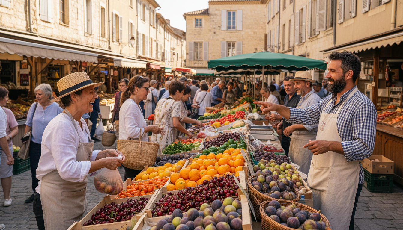 marché provençal animé avec fruits et producteurs souriants