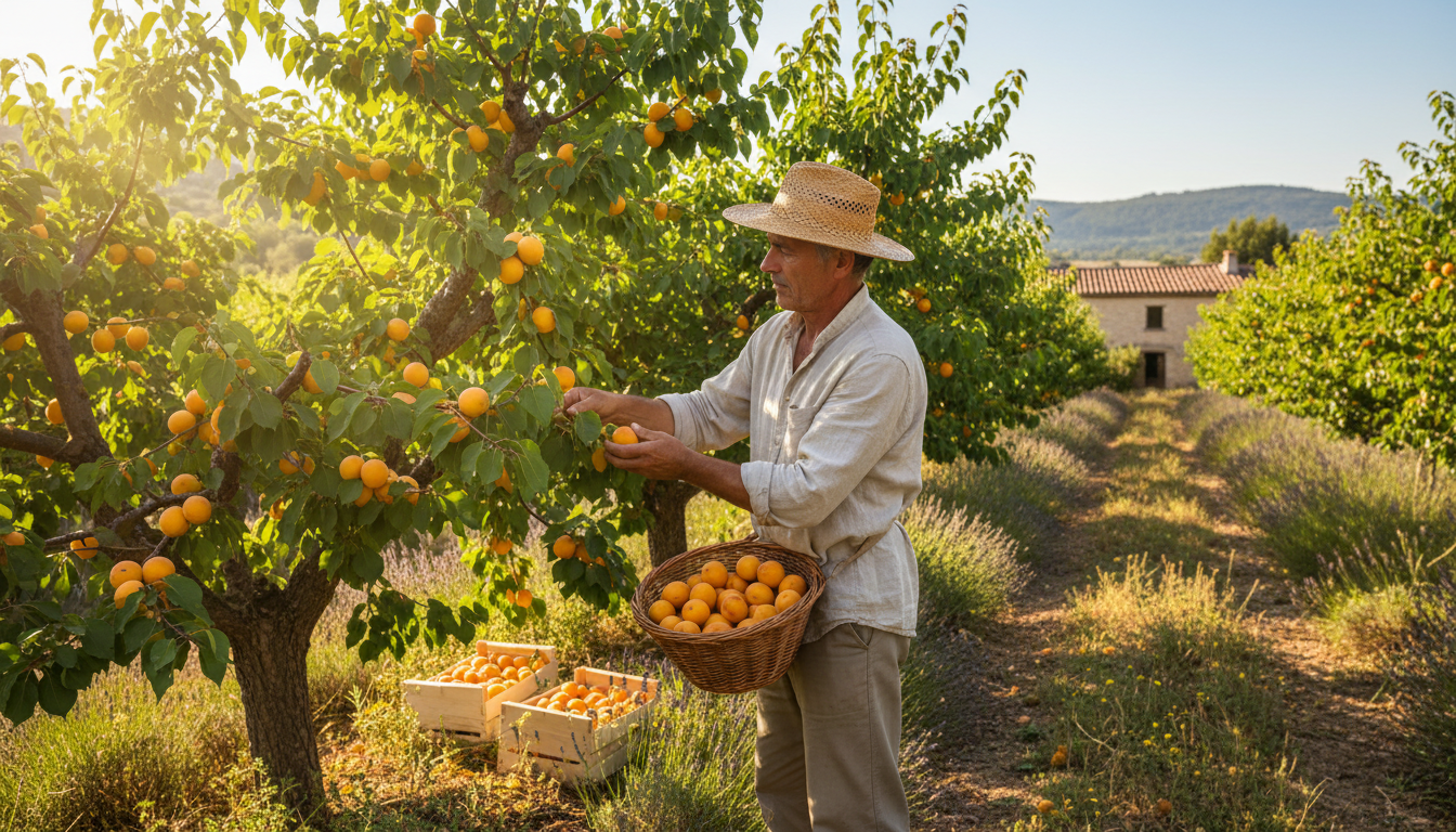 Producteur cueillant à la main des abricots mûrs en verger
